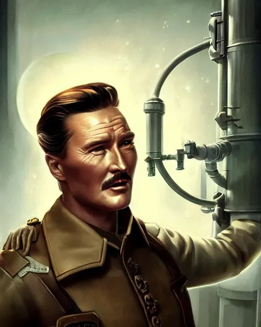 Image similar to Errol Flynn as a scientist. 1980s dystopian Soviet Russia, propaganda screens. Unreal engine, fantasy art by Anna Podedworna. Faithfully depicted facial expression, perfect anatomy global illumination, radiant light, detailed and intricate environment