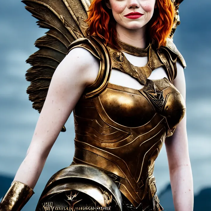 Image similar to professional full length photograph of emma stone as a valkyrie warrior. Extremely detailed. 8k