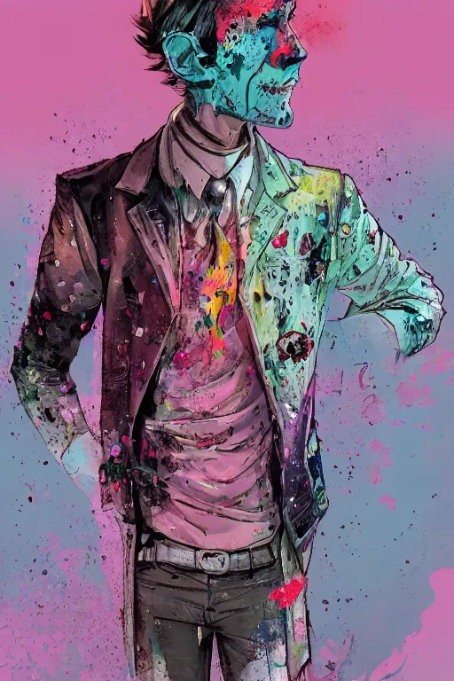 Image similar to wealthy male half necromancer, made of white gucci fabric, pixiv fanbox, dramatic lighting, maximalist pastel color palette, splatter paint, pixar and disney exploded - view drawing, graphic novel by fiona staples and dustin nguyen, peter elson, alan bean, wangechi mutu, clean cel shaded vector art, trending on artstation