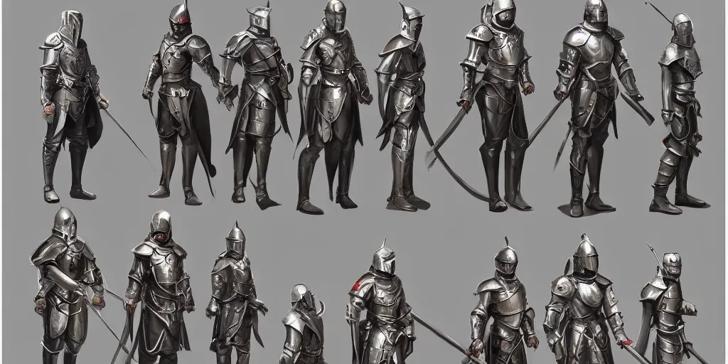 Image similar to different views of medieval knights, concept art by senior character artist, trending on artstation, full body character design, hyperdetailed render