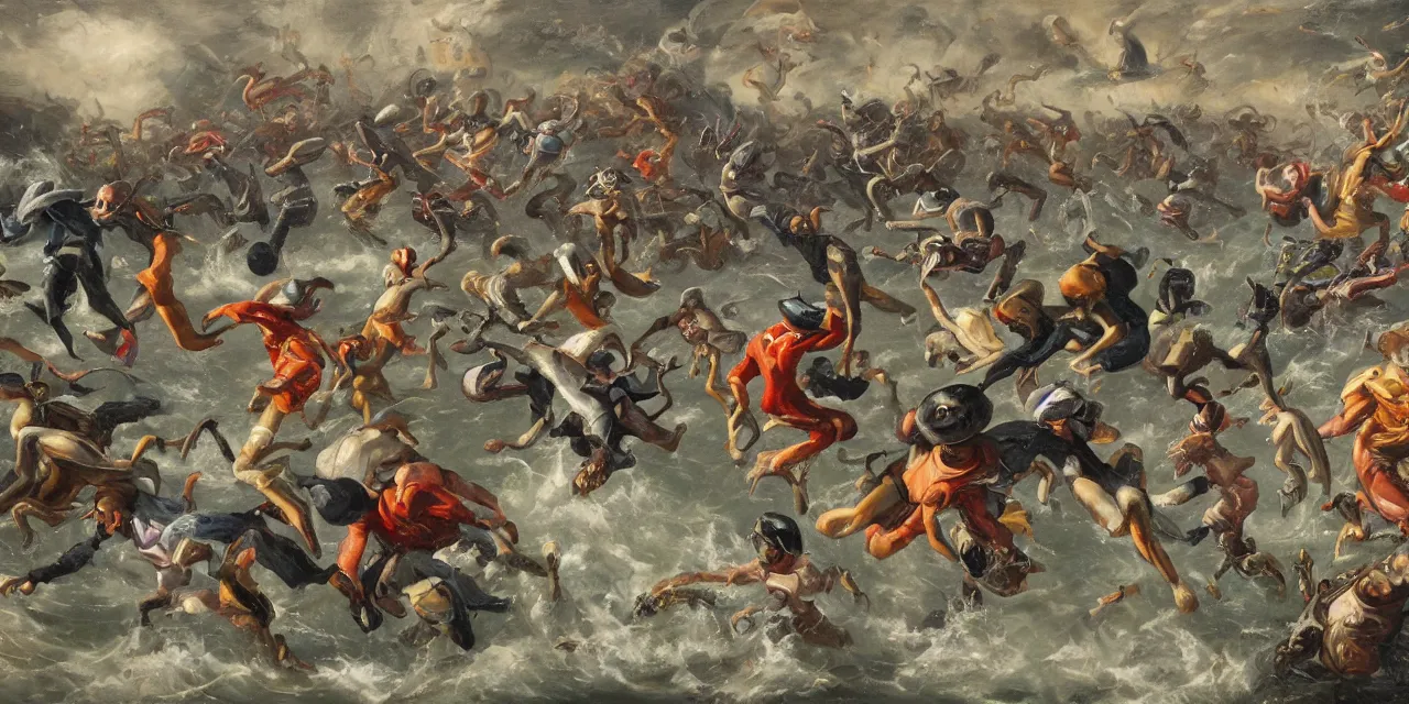 Prompt: flying cephalopods racing towards a crowd of excited humans, race theme future oil on canvas