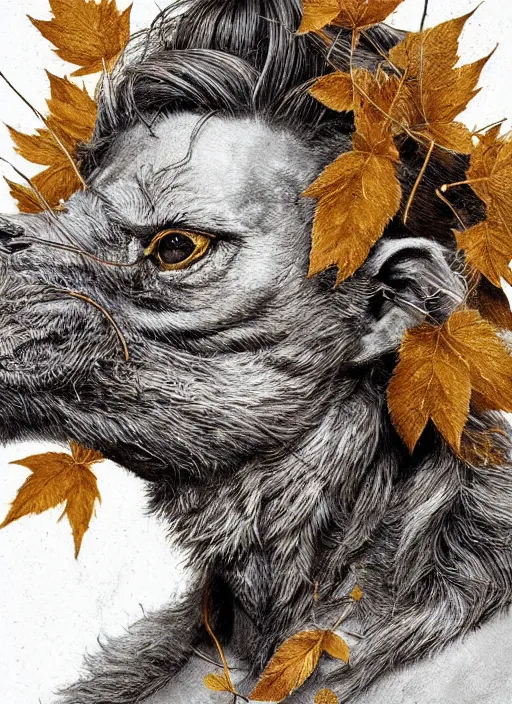 Image similar to golden leaves at frame border, creative!!! composition for a book cover, absurdly beautiful, ultrafine hyperrealistic detailed animal face by wlop and artgerm and greg rutkowski, intricate linework, sharp focus, smooth, octopath traveler, final fantasy, unreal engine, dramatic lighting, ethereal, 8 k