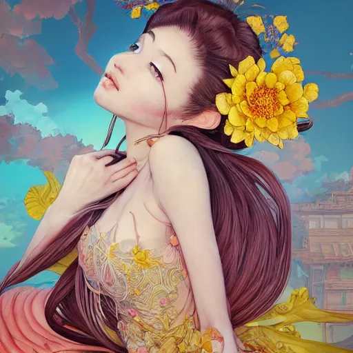 Image similar to the portrait of an absurdly beautiful, graceful, elegant young anime woman made of bananas and petals looking up, an ultrafine detailed illustration by kim jung gi, irakli nadar, intricate linework, bright colors, octopath traveler, final fantasy, angular, unreal engine 5 highly rendered, global illumination, radiant light, detailed and intricate environment