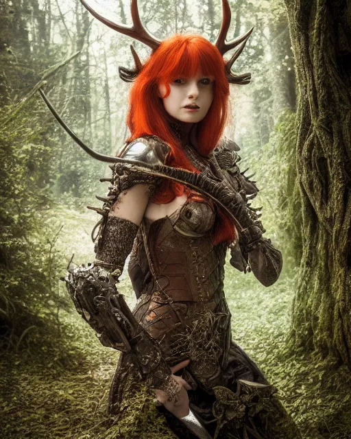 Prompt: 5 5 mm portrait photo of an armored redhead woman with a sword, and antlers growing from her head. magical forest in the backgeound. by luis royo. highly detailed 8 k. intricate. lifelike. soft light. nikon d 8 5 0. cinematic post - processing