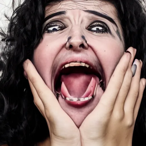 Image similar to woman screaming with stupid looking tattoo, close - up photography