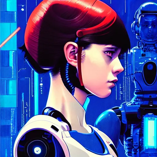 Image similar to side portrait scifi cyborg girl with robotic parts and spacesuit | | head only in center of image, audrey plaza, fine detail!! anime!! realistic shaded lighting!! poster by ilya kuvshinov katsuhiro otomo ghost - in - the - shell, magali villeneuve, artgerm, jeremy lipkin and michael garmash and rob rey