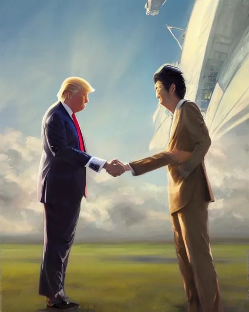 Prompt: donald trump and shinzo abe facing each other off dressed in spaceship pilot dresses shaking hands, portrait, illustration, rim light, top light, perfectly shaded, spring time, slight overcast lighting, soft painting, art by krenz cushart and wenjun lin