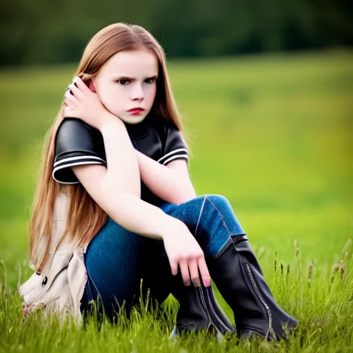 Prompt: young girl sits on a meadow, she wears leather jacket, jeans and knee high black boots, sharp focus, photo taken by nikon, 4 k,