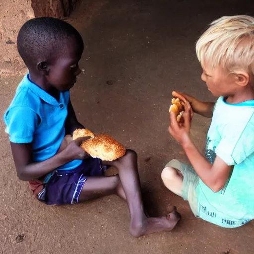 Image similar to photo of a malnourished ugandan boy sharing bread with a blond american