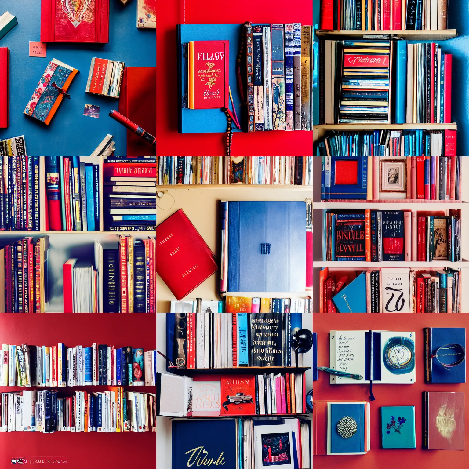 Prompt: flatlay book collection, vivid colors, dramatic lighting, red and blue