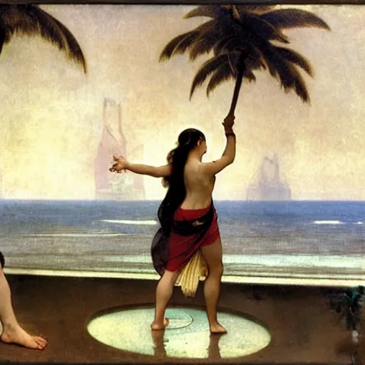 Image similar to Girl throwing gand signs at the palace, thunderstorm, pool, beach and palm trees on the background major arcana sky, by paul delaroche, alphonse mucha and arnold böcklin arnold böcklin hyperrealistic 8k, very detailed