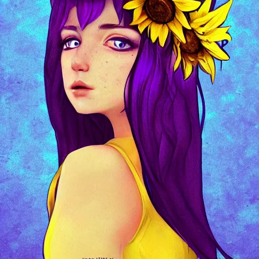 Image similar to a beautiful stunning matte digital portrait illustration of a blue-eyed woman with freckles and violet hair wearing a yellow sunflower crown, in the style of Ross Tran, trending on artstation, contest winner