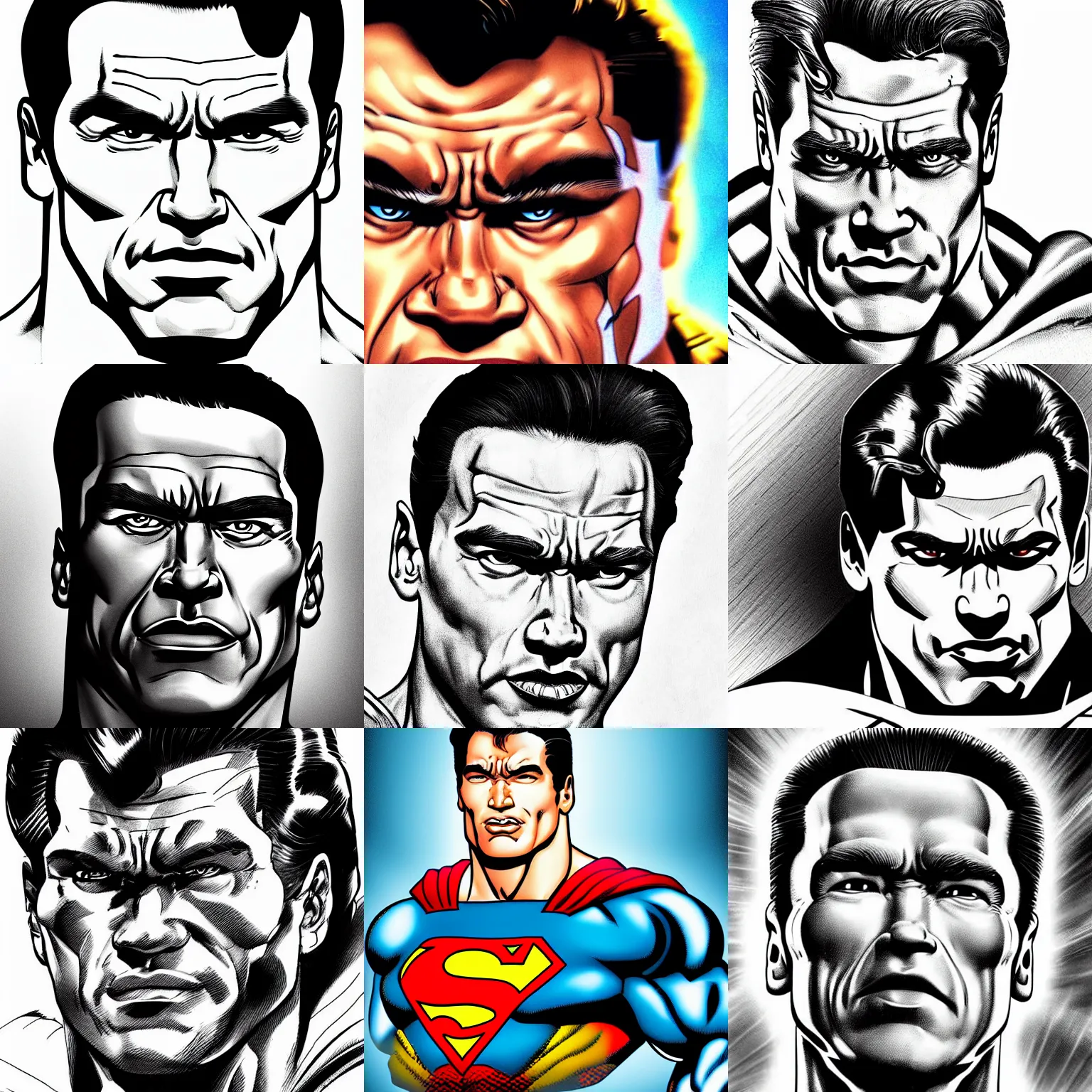 Prompt: arnold schwarzenegger!!! jim lee!!! macro face calm shot!! flat ink sketch by jim lee face close up headshot superman costume in the style of jim lee, x - men superhero comic book character by jim lee