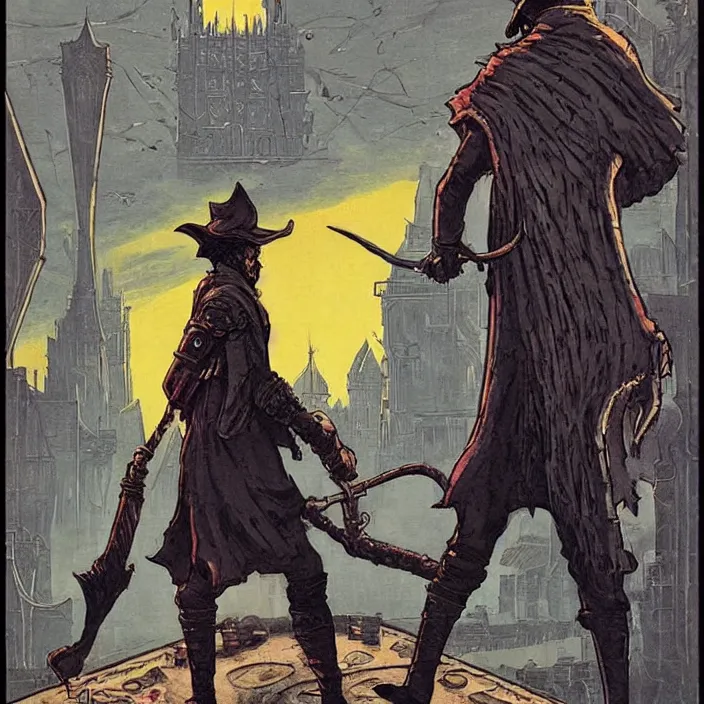 Image similar to t hunter from bloodborne in retrofuturism yharnam, style by retrofuturism, faded red and yelow, by malcolm smith, old comics in city, nicholas roerich,