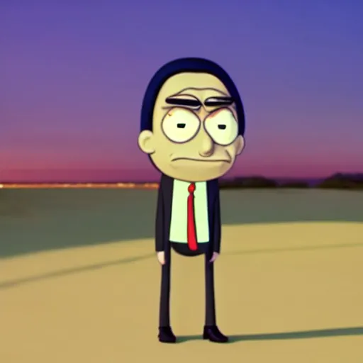 Image similar to mr. bean as rick sanchez from rick n morty. movie still. cinematic lighting.