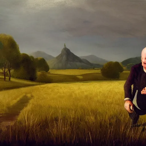 Image similar to a Scottish man holding a pint of beer in the middle of an empty field, In the back ground of the frame is a beautiful landscape., physically accurate, dynamic lighting, intricate, elegant, highly detailed, digital painting, very very ralph steadman, Hieronymus Bosch, Francis Bacon, concept art, smooth, sharp focus, illustration