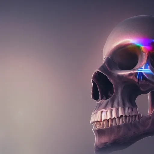 Image similar to soft painting render curiosities gigantic skulls reflection refraction time travel, accurate features, focus, very intricate ultrafine details, rainbow lighting, dense fog, award winning masterpiece, octane render 8 k hd, artstation. dark fantasy