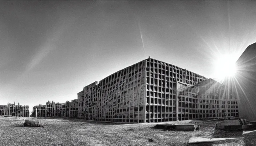 Prompt: 1 9 7 0 s movie still by djibril diop mambety of a non euclidian building, by piranesi, panoramic, ultra wide lens, cinematic light, flare, anamorphic