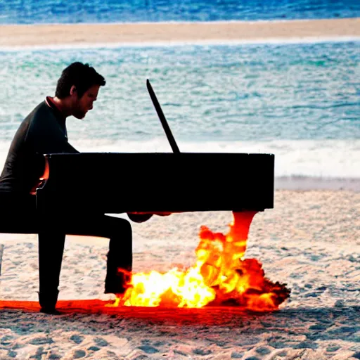 Image similar to pianist on fire playing in the beach