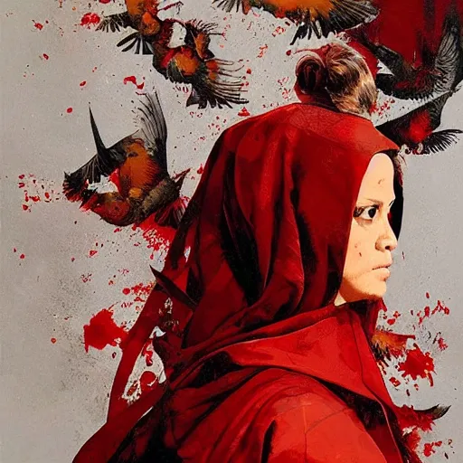 Image similar to portrait of a nostalgic latina in red monk habit being progressively rasterized into pixels from another world, she is surrounded by digital birds, oil on canvas by yoji shinkawa, esao andrews, dave mckean and stina persson