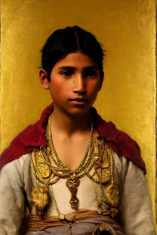 Image similar to portrait of a peruvian young inca prince covered with gold, bouguereau