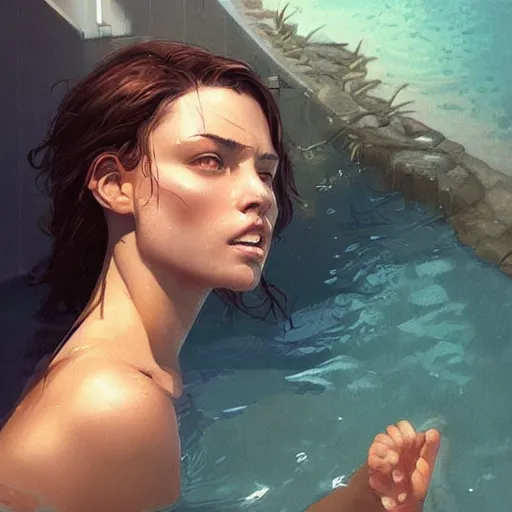 Image similar to beautiful woman getting out of a swimming pool, art by greg rutkowski, artgerm, artstation, highly detailed, pretty, gorgeous, cute, warm lighting