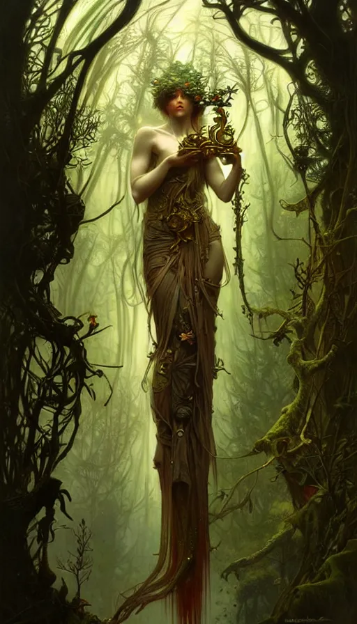 Prompt: consciousness concept art, lush forest, magic, gnarly details, gold, gems, dramatic lighting, denoised, painted by tom bagshaw, alphonse mucha