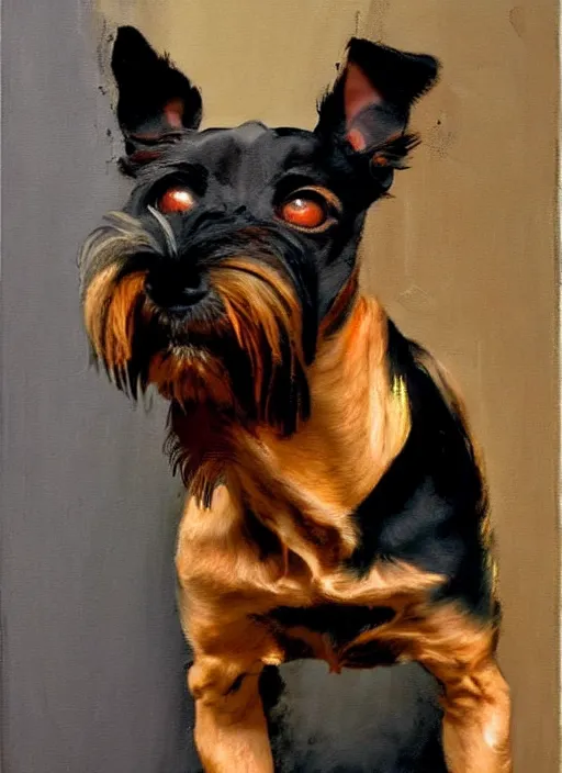 Prompt: tan!!! schnauzer! chihuahua! mix, enraged, painting by phil hale, 'action lines'!!!, graphic style, visible brushstrokes, motion blur, blurry