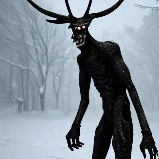 Prompt: hungry wendigo leering through a snowstorm, trending on artstation