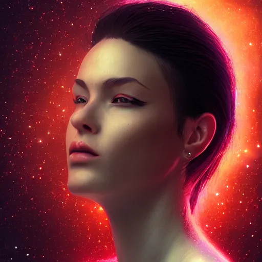 Image similar to woman portrait made out of galaxies, beautiful, cyborg, cinematic, comic book art, realistic, highly detailed, octane render, unreal engine, sharp focus