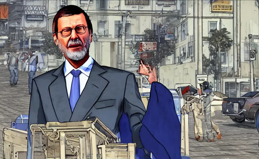 Prompt: Mariano Rajoy GTA loading screen,