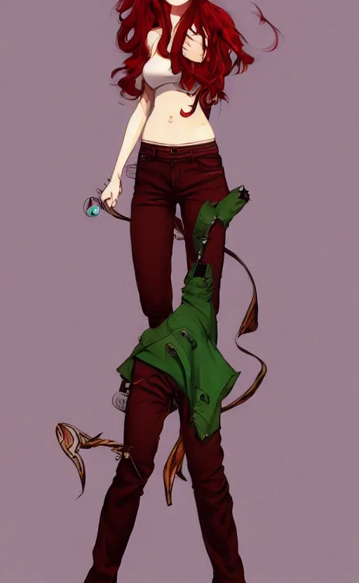 Image similar to full-body shot of an attractive tomboy girl with long, crimson red hair and red eyes, wearing a brown, open jacket and green jeans with a stern look, midriff, concept art, character design, by WLOP, Ross Draws, by Tomine, by Satoshi Kon, by Rolf Armstrong