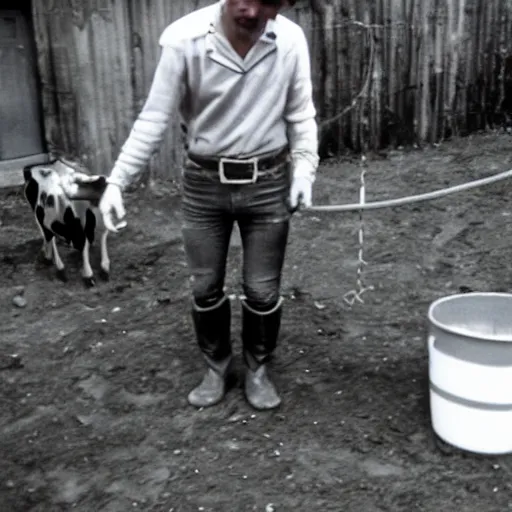 Image similar to alien in the village milking a cow, top secret style photo, 7 0 s