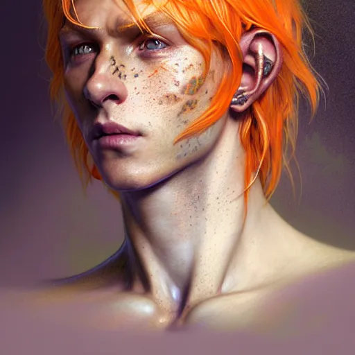 Image similar to portrait painting of an elven eladrin young man with short light orange hair and freckles and tribal tattoos on his cheekbones, ultra realistic, concept art, intricate details, eerie, highly detailed, photorealistic, octane render, 8 k, unreal engine. art by artgerm and greg rutkowski and charlie bowater and magali villeneuve and alphonse mucha