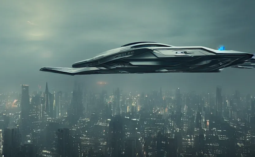 Image similar to a intricate detailed spaceship designed by peter schreyer flying over NYC in style of blade runner 2049