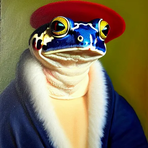 Image similar to a head and shoulders portrait painting of an anthropomorphic!!!!!!!!!! amazon milk frog!!!!!!!!!! wearing a colonial!!!!!!!!!! outfit without a hat looking off camera, a character portrait, romanticism, oil on canvas, visible brushstrokes, intense colors