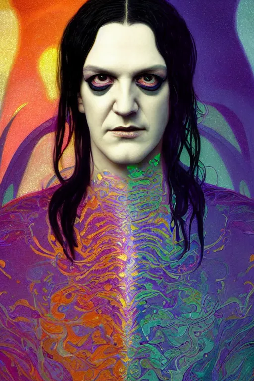 Prompt: portrait of brian molko as delirium of the endless, the sandman, rainbow clothes, in persian temple wet night, sci - fi and fantasy, intricate and very very beautiful and elegant, highly detailed, digital painting, artstation, concept art, smooth and sharp focus, illustration, art by tian zi and wlop and alphonse mucha