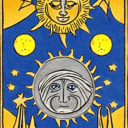 Prompt: sun and moon tarot card, extremely detailed, golden ornament, stunning