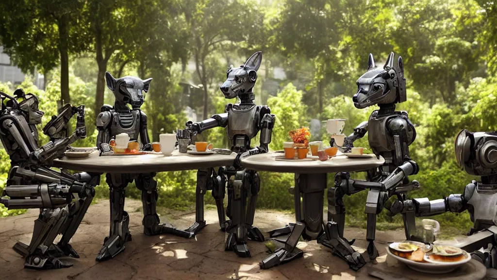 Image similar to film still from the movie chappie of the robot chappie shiny metal outdoor park plants garden scene bokeh depth of field several figures sitting down at a table having a tea party furry anthro anthropomorphic stylized cat ears wolf muzzle head android service droid robot machine fursona