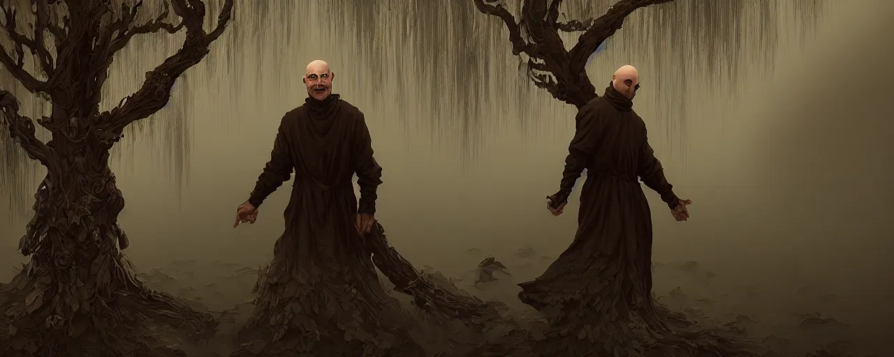 Prompt: duotone noir illustration close up of bald merchant demon in midair among willow tree in medieval brown tunic. foggy evening. dynamic dark dream atmosphere with volumetric hellish lighting, by sachin teng and sergey kolesov and ruan jia and heng z. graffiti art, scifi, fantasy, hyper detailed. octane render. concept art. trending on artstation