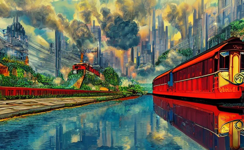 Image similar to A steam locomotive rides along of a waterway on a fantasy city. Fantasy and concept art, colorful digital painting.