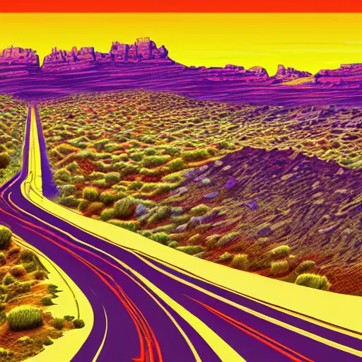 Prompt: !dream Utah desert Highway, retro, desert highway, retro colors, bold colors, drawn by Arthur Adams, 8k, digital art, artstation