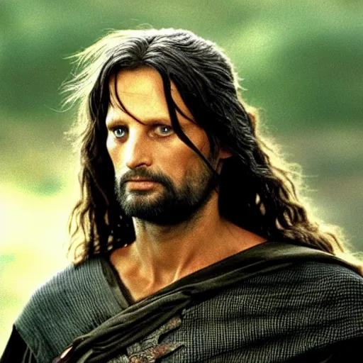 Prompt: aragorn from the anime lord of the rings (1986), viggo mortensen, looking serious, some beard, sword, studio ghibli