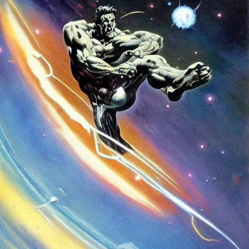 Image similar to Silver Surfer flying through space, by Frank Frazetta