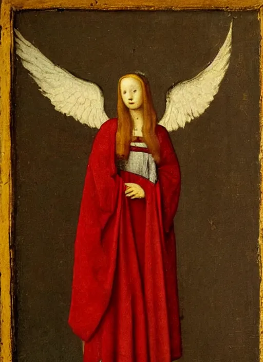 Prompt: Flying Fallen Angel dressed in red, Medieval painting by Jan van Eyck, Johannes Vermeer, Florence