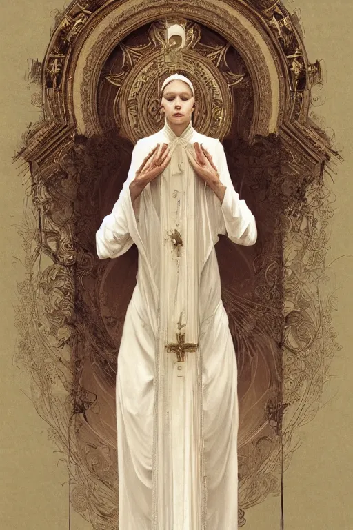 Image similar to a full body portrait of a beautiful ethereal delicate roman catholic bishopress meditative sacral pose catholic stages of the cross, intricate, elegant, highly detailed, digital painting, artstation, concept art, smooth, sharp focus, illustration, art by krenz cushart and artem demura and alphonse mucha