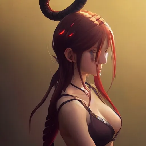 Prompt: a beautiful anime girl wtih demon horns and snake tails,full body portrait,by Greg Rutkowski and Ilya Kuvshinov and Ciro Marchett,super clear detailed,hyper realistic,trending on artstation,4k