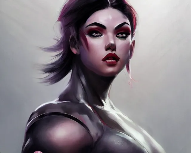 Image similar to portrait of widowmaker from overwatch as a beautiful female bodybuilder amazon with plump lips, elegant, fantasy, hd shot, digital portrait, beautiful, artstation, comic style, by artgerm, guy denning, jakub rozalski, magali villeneuve and charlie bowater