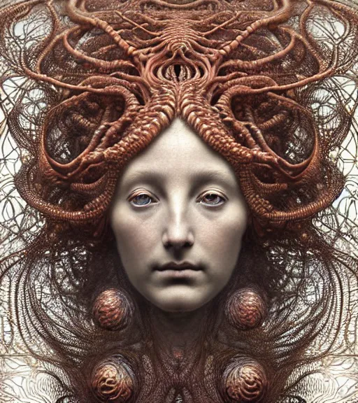 Prompt: detailed realistic beautiful copper goddess face portrait by jean delville, gustave dore, iris van herpen and marco mazzoni, art forms of nature by ernst haeckel, art nouveau, symbolist, visionary, gothic, neo - gothic, pre - raphaelite, fractal lace, intricate alien botanicals, biodiversity, surreality, hyperdetailed ultrasharp octane render