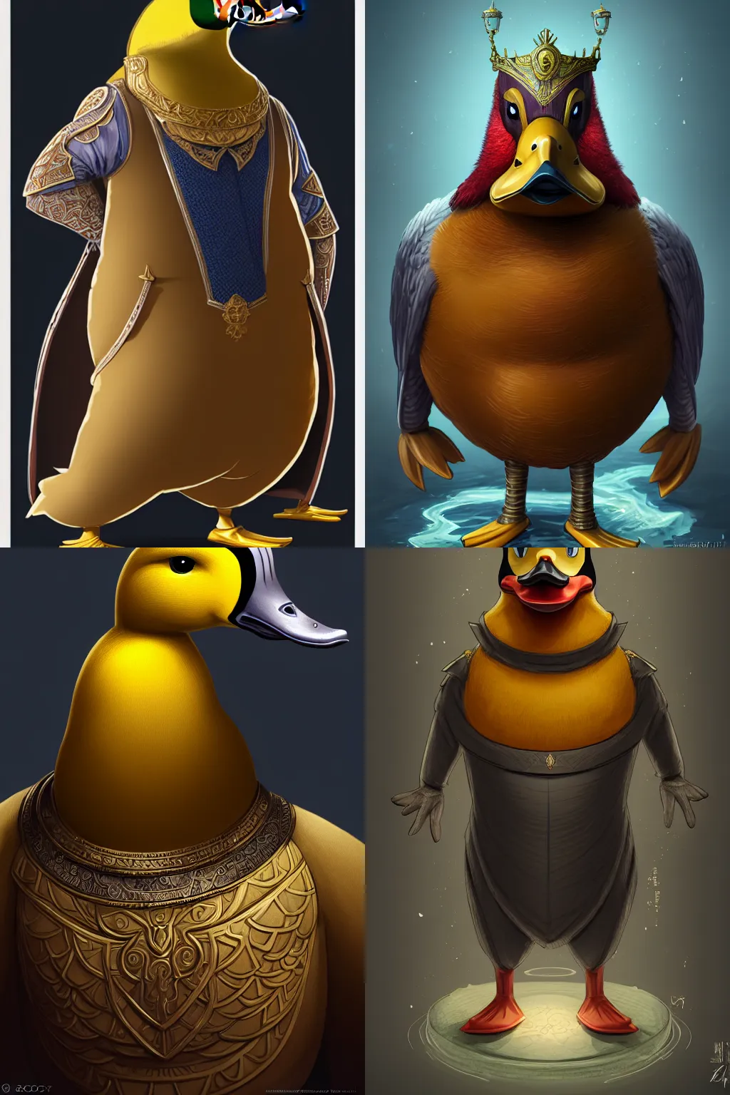 Prompt: haughty antropomorphic duck emperor, duck the usurper, concept art, digital art, illustration, character design, ultra detailed, full body portrait, superior duck specimen looks down upon his lessers with contempt, pov, cgsociety, dramatic angle, vfx, cinematic lighting, hdr, 8 k, surreal, anthropomorphic